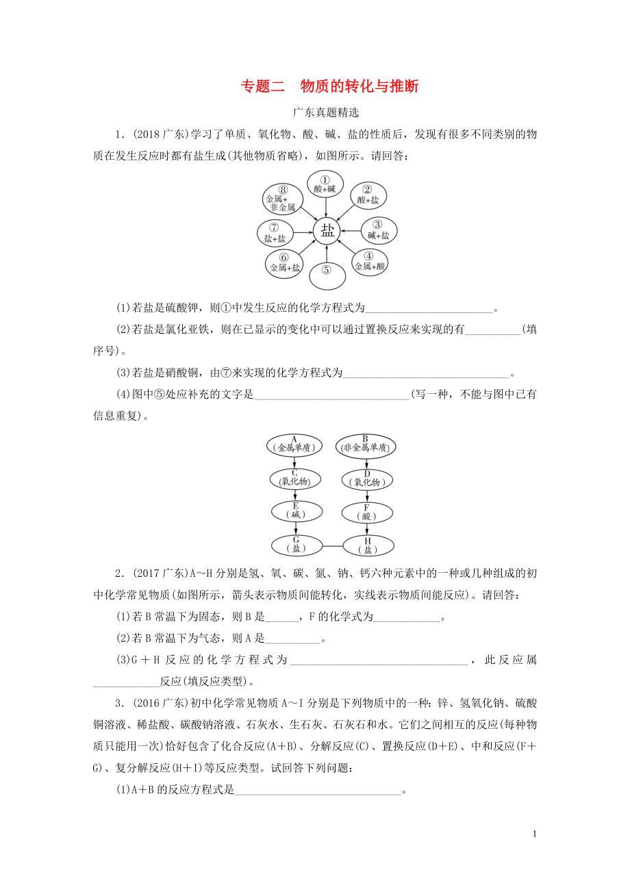 廣東省2019年中考化學(xué)總復(fù)習(xí) 第2部分 專題2 物質(zhì)的轉(zhuǎn)化與推斷優(yōu)化訓(xùn)練_第1頁(yè)