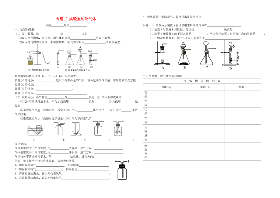 山東省濟(jì)寧市第十三中學(xué)2020屆九年級(jí)化學(xué)全冊(cè) 專題三 實(shí)驗(yàn)室制取氣體練習(xí)（無答案） 魯教版五四制_第1頁