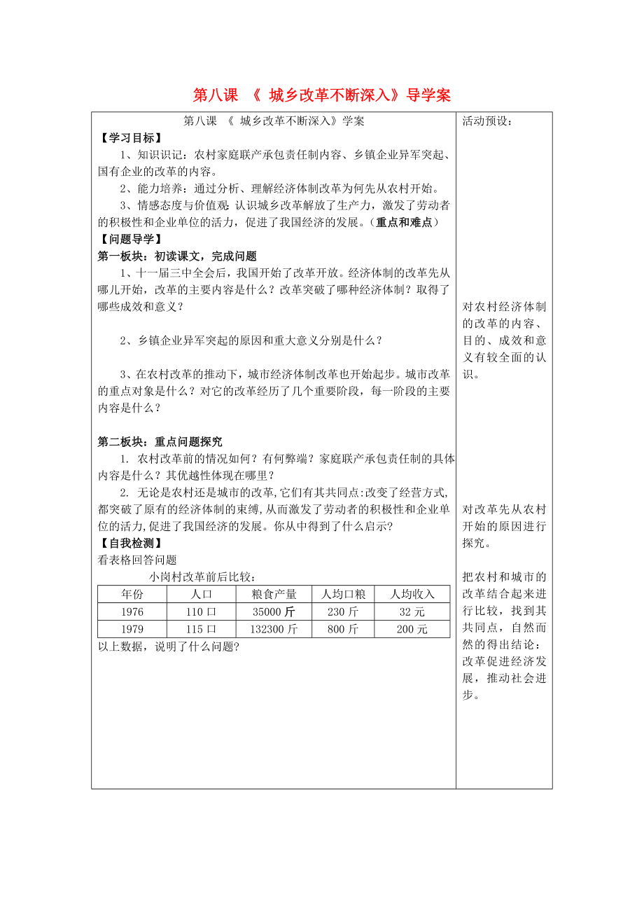 八年級歷史下冊 第8課 城鄉(xiāng)改革不斷深入學案（無答案） 華東師大版（通用）_第1頁