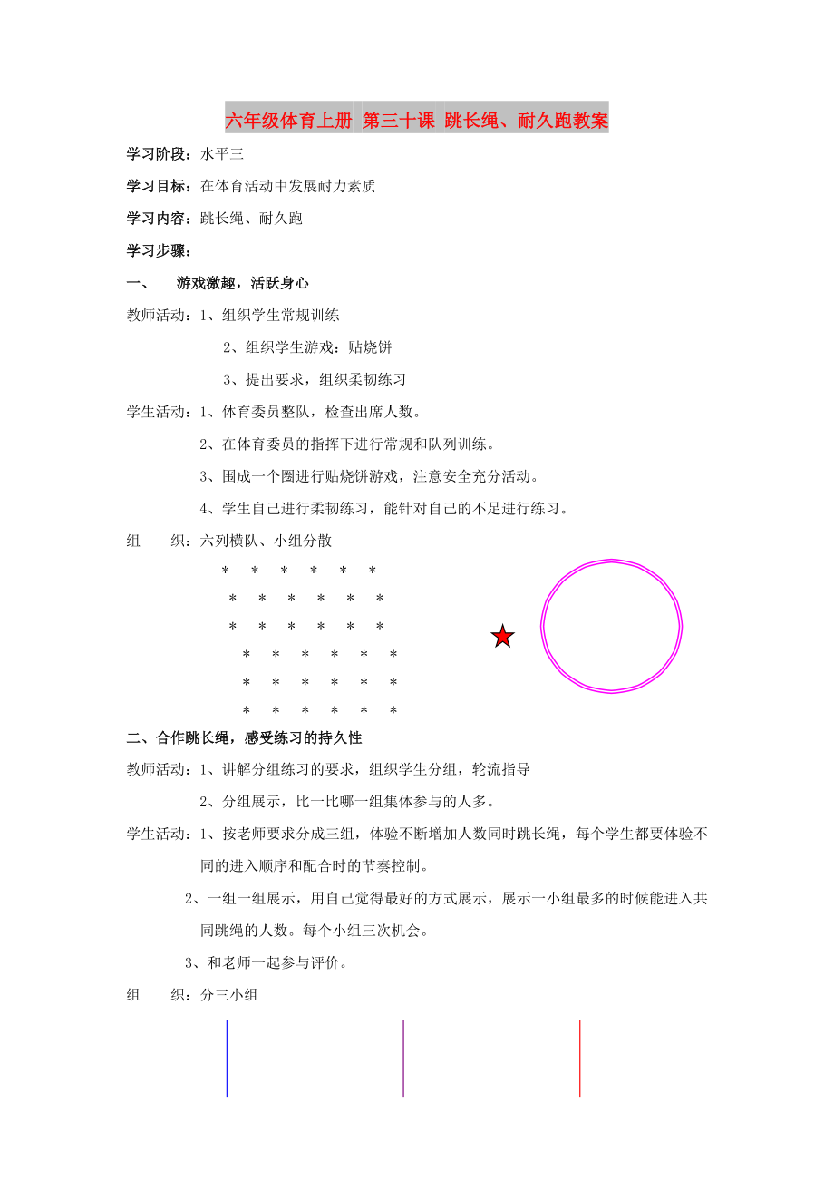 六年級體育上冊 第三十課 跳長繩、耐久跑教案_第1頁