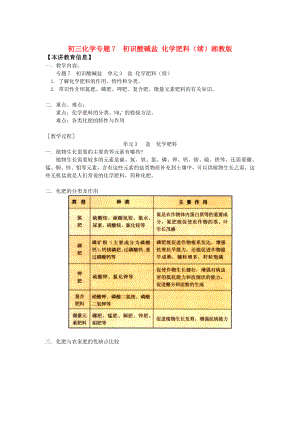 九年級(jí)化學(xué)專題7初識(shí)酸堿鹽 化學(xué)肥料（續(xù)）湘教版知識(shí)精講