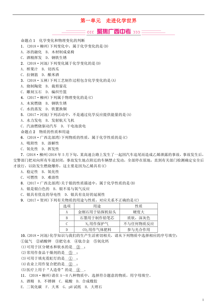 （廣西專版）2019年中考化學(xué)總復(fù)習(xí) 教材考點(diǎn)梳理 第一單元 走進(jìn)化學(xué)世界練習(xí)_第1頁(yè)