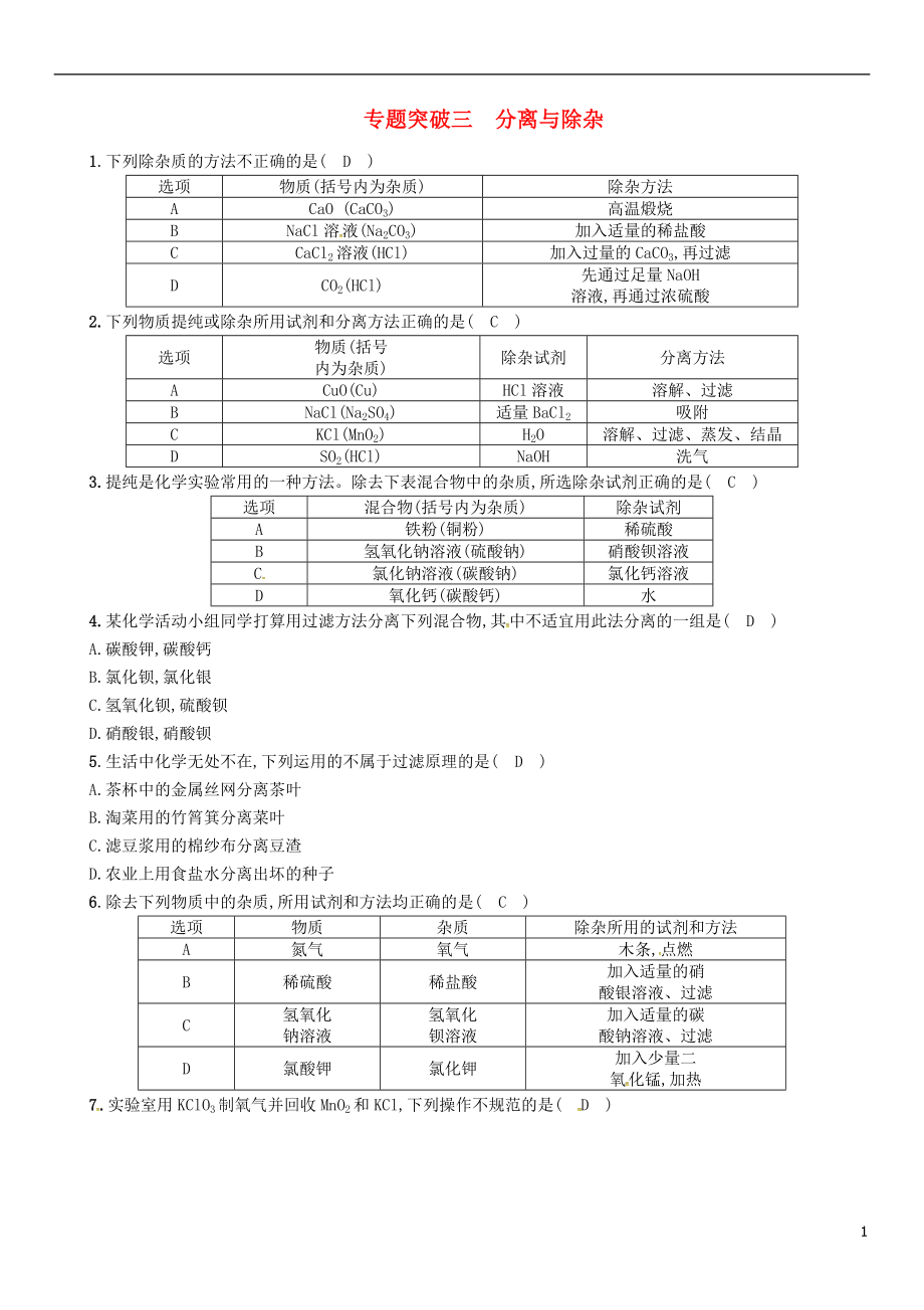 （百色專版）2019屆中考化學(xué)復(fù)習(xí) 第2編 重點(diǎn)專題突破篇 專題突破3 分離與除雜（精練）練習(xí)_第1頁(yè)