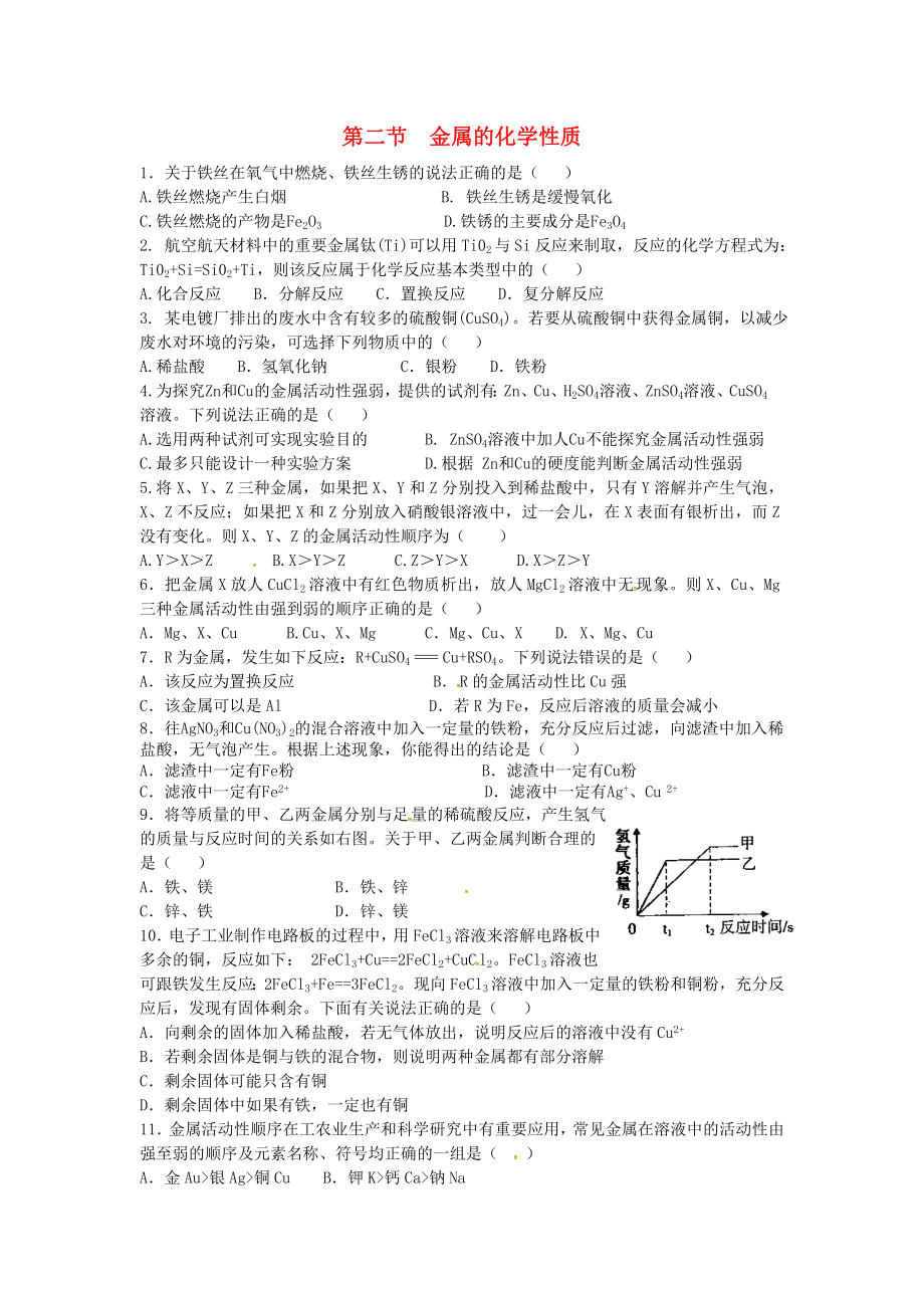 山東省濟(jì)寧市任城區(qū)九年級化學(xué)全冊 第四單元 金屬 第二節(jié) 金屬的化學(xué)性質(zhì)（1）同步測試（無答案） 魯教版五四制（通用）_第1頁