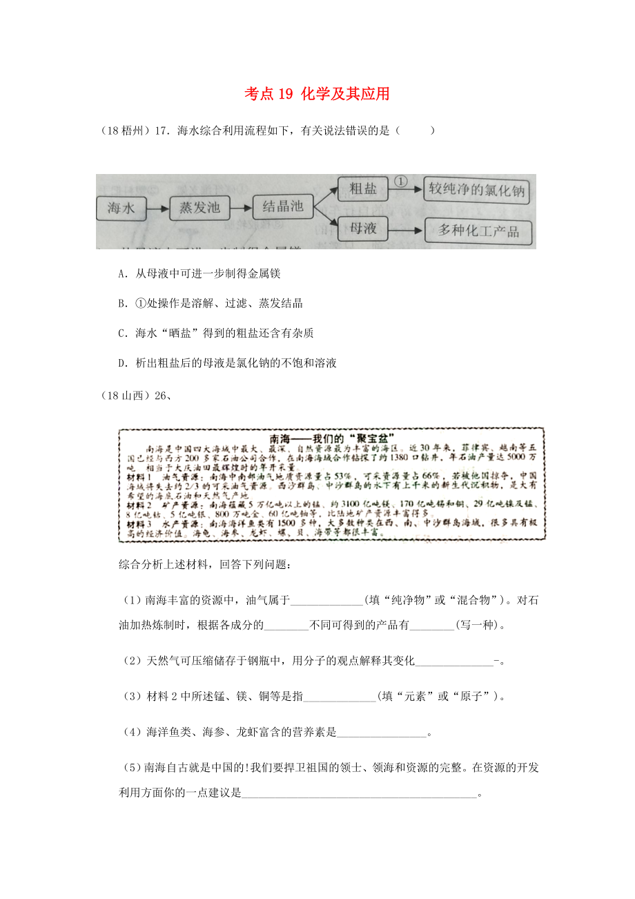 2020年中考化學真題分類匯編 4 化學與社會發(fā)展 考點19 化學及其應用 資源 海洋資源（無答案）_第1頁