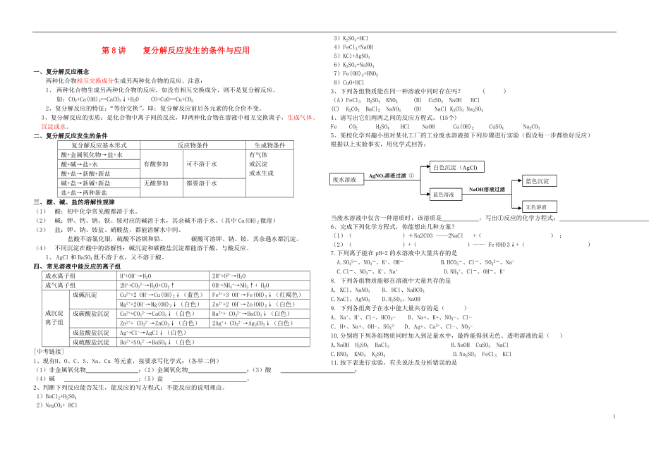 中考化學(xué)專題復(fù)習(xí)講練 第9講 復(fù)分解反應(yīng)發(fā)生的條件與應(yīng)用（無答案）_第1頁