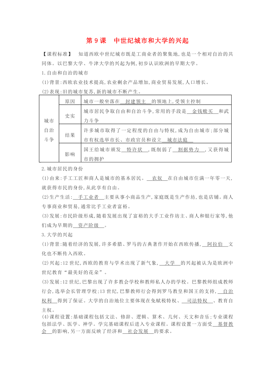 2020秋九年級(jí)歷史上冊(cè) 第三單元 第9課 中世紀(jì)城市和大學(xué)的興起知識(shí)提綱 新人教版_第1頁(yè)