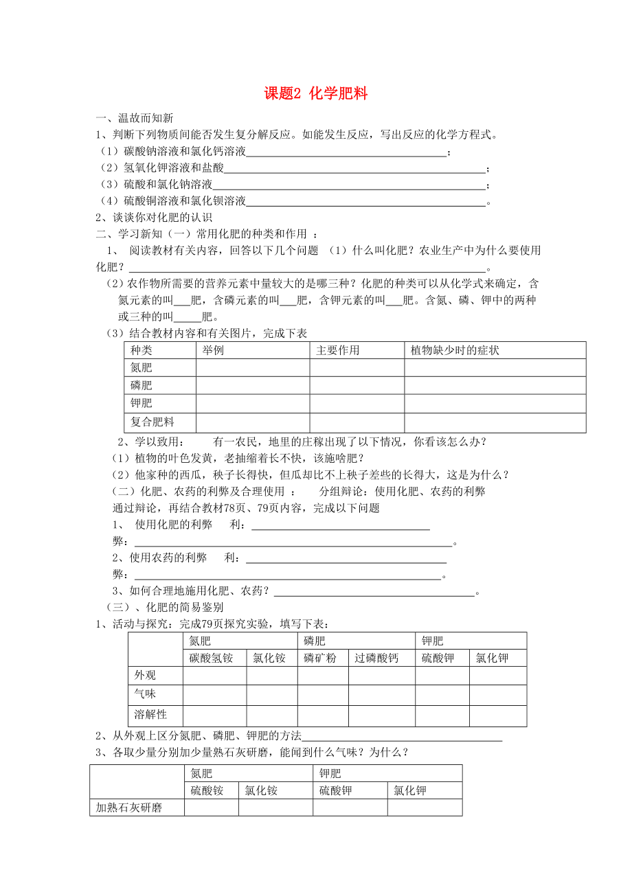 九年級化學下冊 第十一單元 課題2 化學肥料導學案（無答案） 新人教版_第1頁