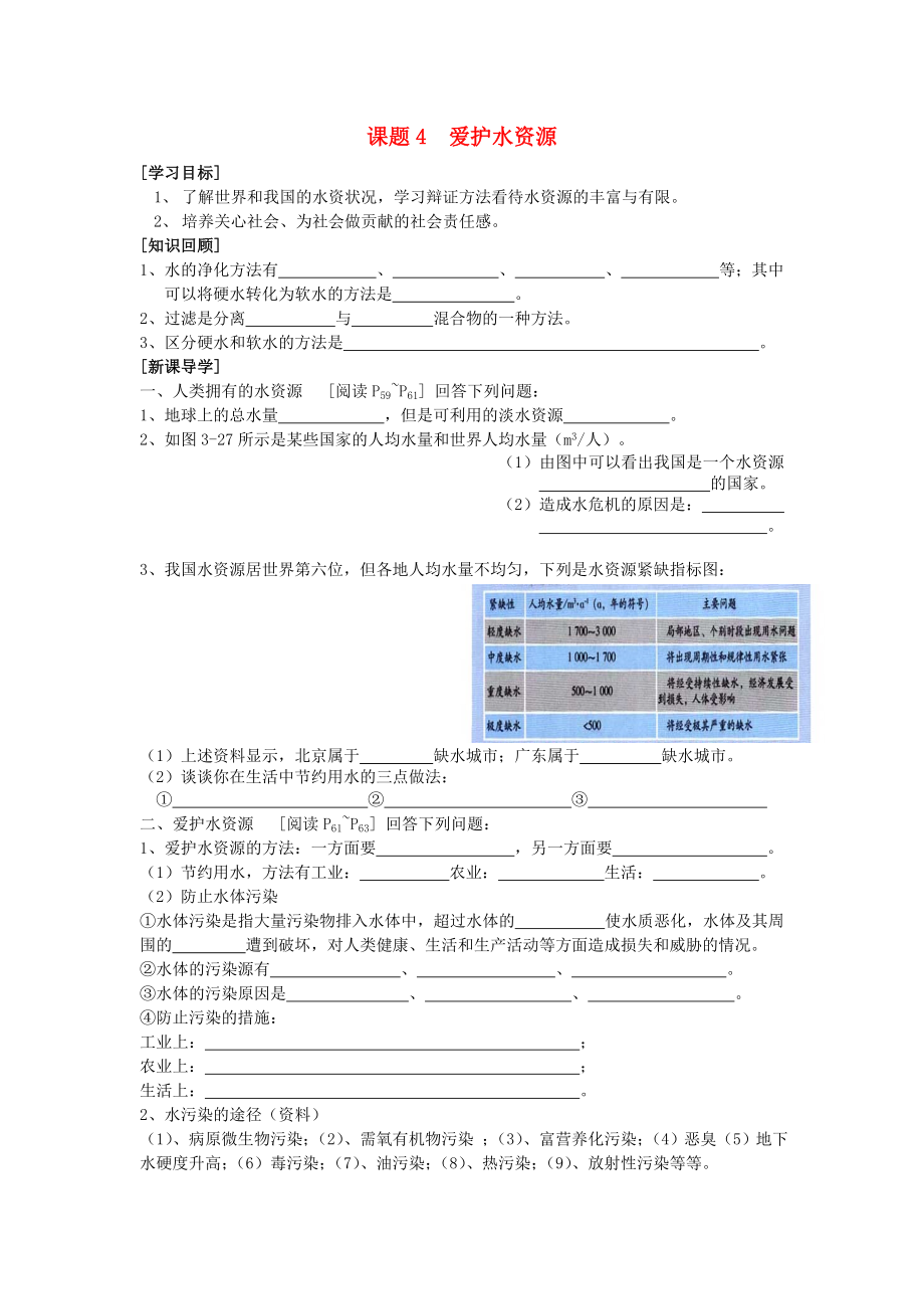 廣東省中山市小欖二中九年級化學(xué)上冊 第四單元 課題4 愛護(hù)水資源學(xué)案（無答案） 新人教版_第1頁