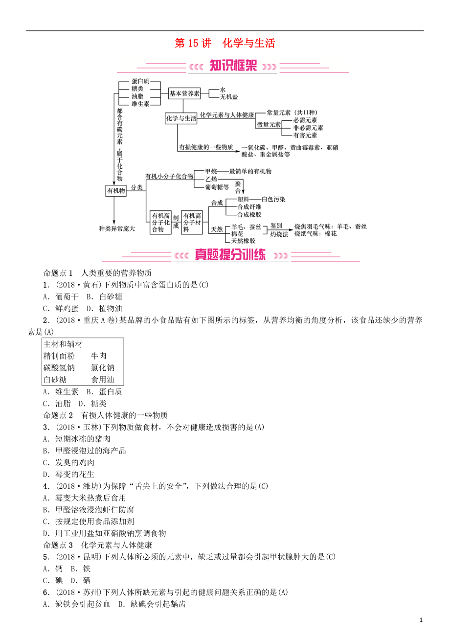 2019年中考化學(xué)復(fù)習(xí) 主題四 化學(xué)與社會發(fā)展 第15講 化學(xué)與生活專題練習(xí)_第1頁