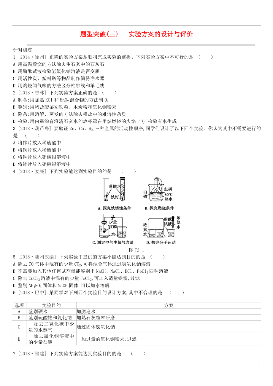 江蘇省徐州市2019年中考化學(xué)復(fù)習(xí) 題型突破（三）實(shí)驗(yàn)方案的設(shè)計(jì)與評價(jià)練習(xí)_第1頁