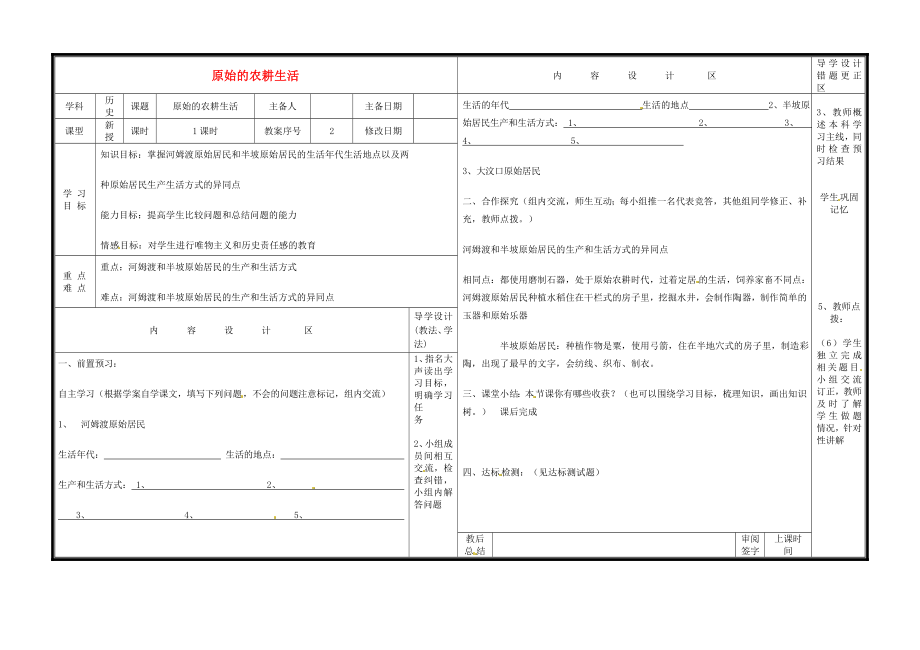 山東省淄博市淄川區(qū)磁村中學七年級歷史上冊 第2課 原始的農(nóng)耕生活導學案（無答案） 新人教版_第1頁