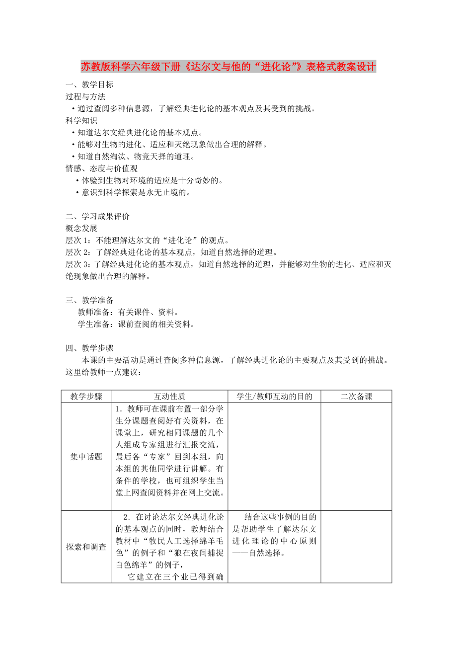 蘇教版科學六年級下冊《達爾文與他的“進化論”》表格式教案設計_第1頁