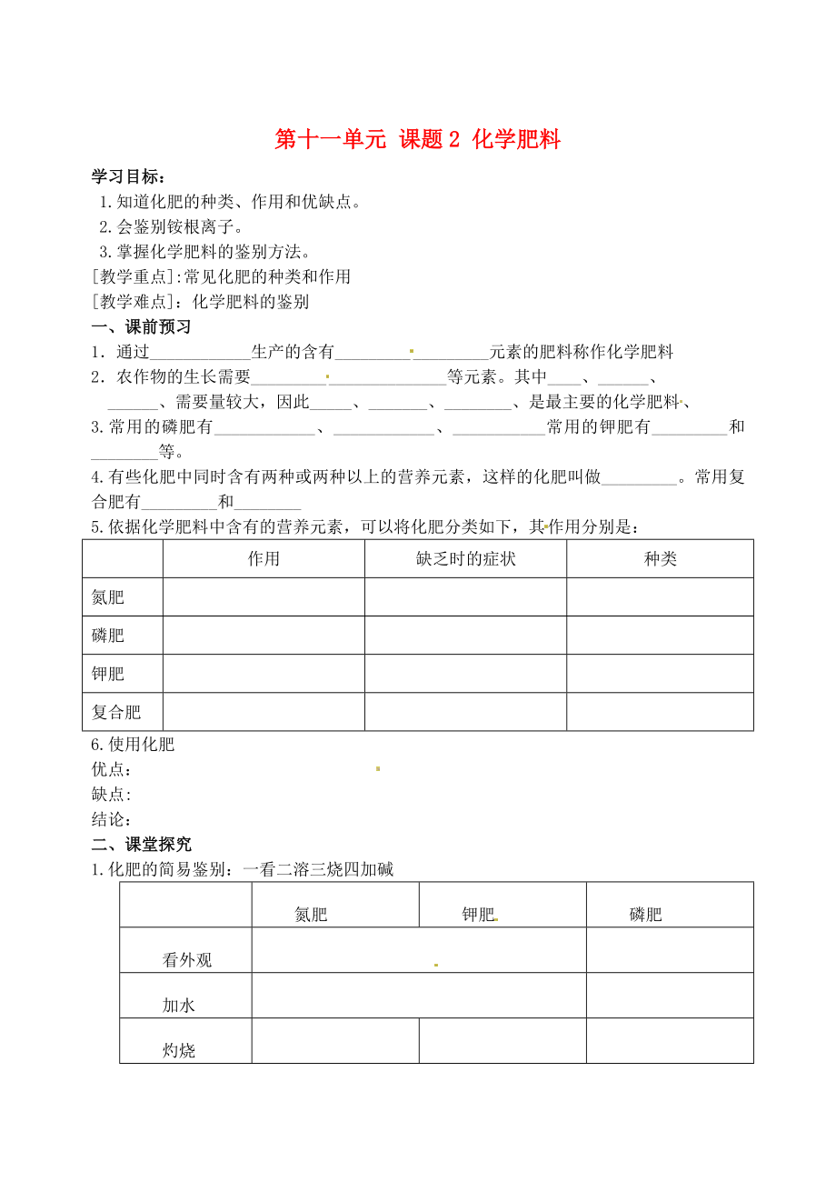 山西省运城市临猗县东明学校九年级化学下册 第十一单元 课题2 化学肥料学案（无答案） 新人教版_第1页