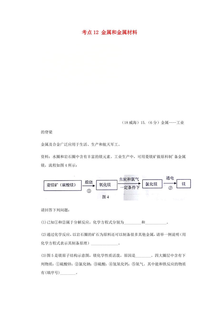 2020年中考化學(xué)真題分類(lèi)匯編 2 我們身邊的物質(zhì) 考點(diǎn)12 金屬和金屬材料 2 具體金屬 鎂（無(wú)答案）_第1頁(yè)