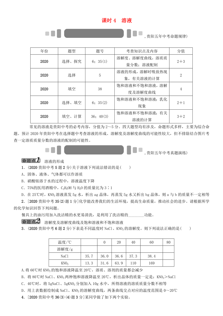 中考命題研究（貴陽）2020中考化學 教材知識梳理 模塊一 身邊的化學物質(zhì) 課時4 溶液（無答案）_第1頁