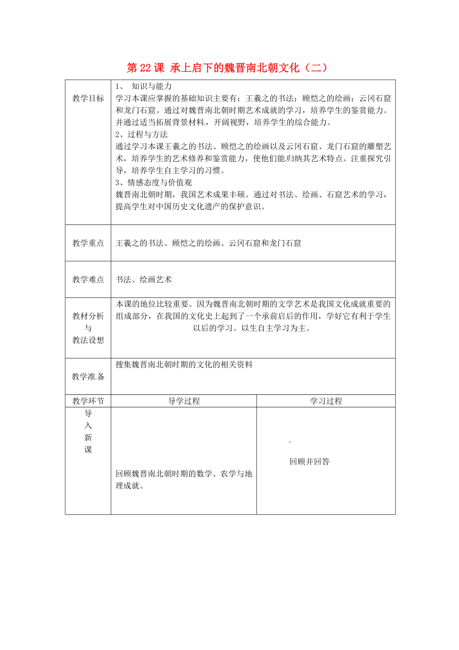 山東省臨沂市蒙陰縣第四中學(xué)七年級歷史上冊 第22課 承上啟下的魏晉南北朝文化（二）教案 新人教版_第1頁