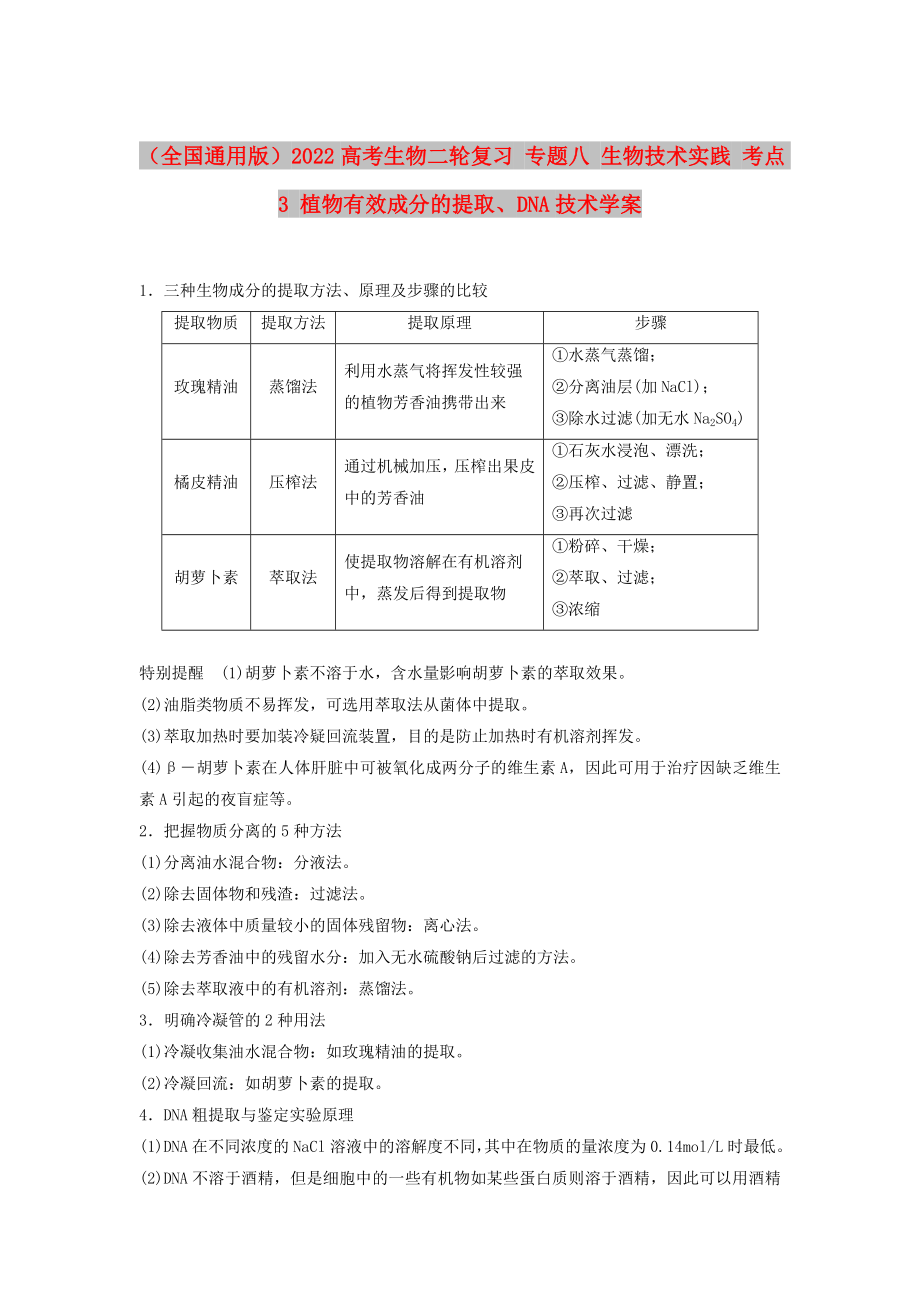 （全国通用版）2022高考生物二轮复习 专题八 生物技术实践 考点3 植物有效成分的提取、DNA技术学案_第1页