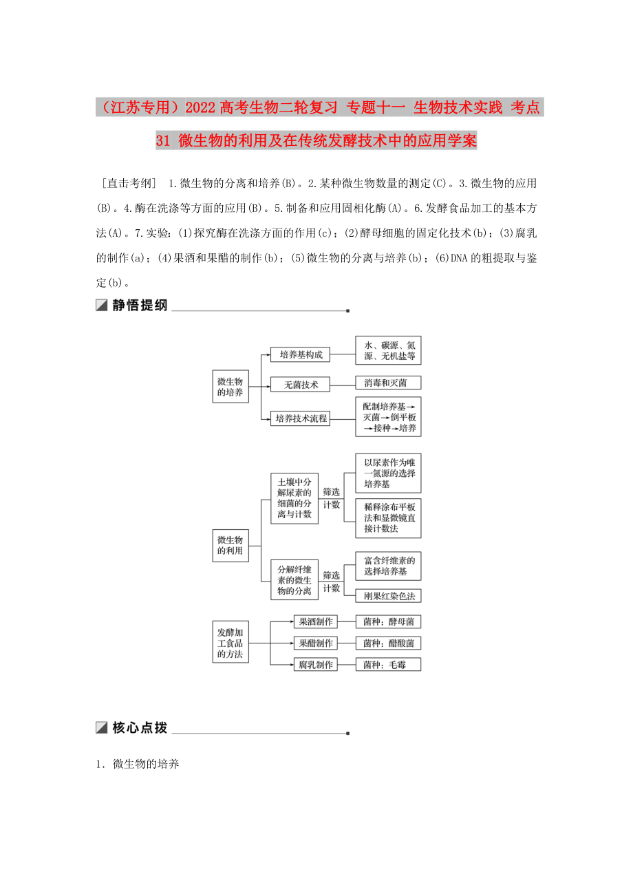 （江蘇專用）2022高考生物二輪復(fù)習(xí) 專題十一 生物技術(shù)實(shí)踐 考點(diǎn)31 微生物的利用及在傳統(tǒng)發(fā)酵技術(shù)中的應(yīng)用學(xué)案_第1頁