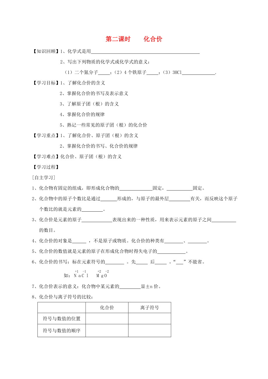 廣東省廉江市長(zhǎng)山中學(xué)九年級(jí)化學(xué)上冊(cè) 第4單元 課題4 化學(xué)式和化合價(jià) 第2課時(shí) 化合價(jià)學(xué)案（無答案）（新版）新人教版_第1頁