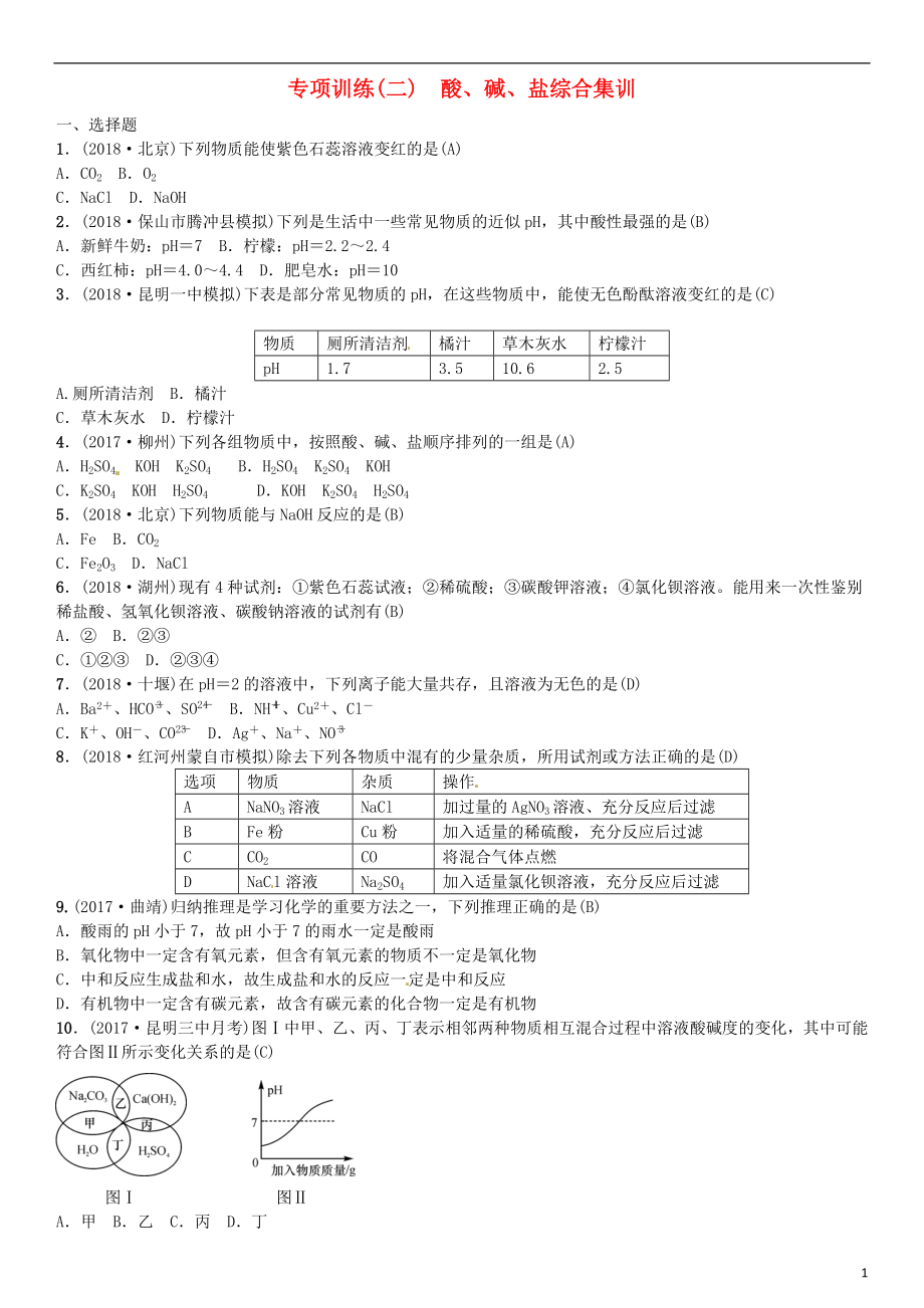 （云南專版）2019年中考化學(xué)總復(fù)習(xí) 教材考點梳理 專項訓(xùn)練（二）酸、堿、鹽綜合集訓(xùn)習(xí)題_第1頁