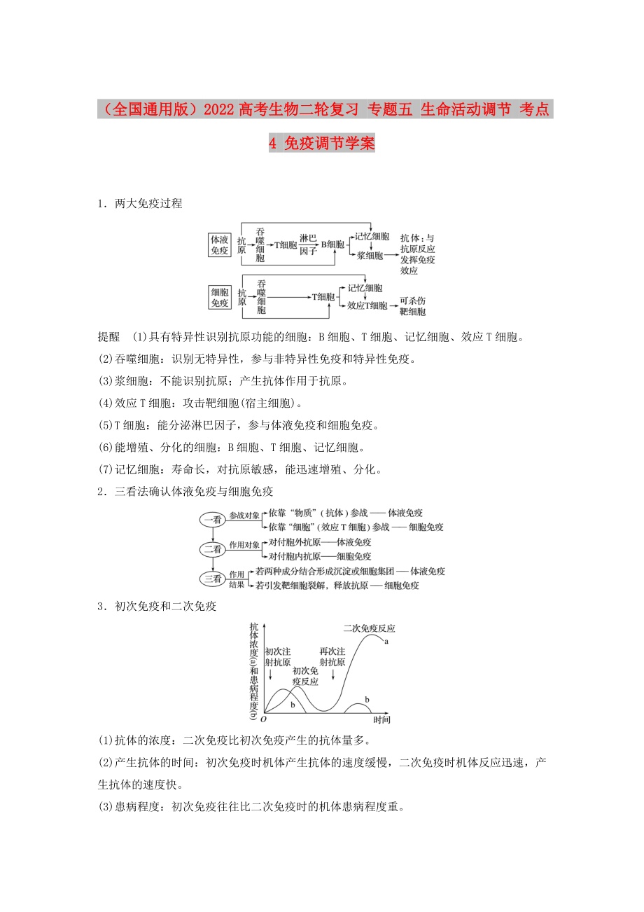 （全國(guó)通用版）2022高考生物二輪復(fù)習(xí) 專(zhuān)題五 生命活動(dòng)調(diào)節(jié) 考點(diǎn)4 免疫調(diào)節(jié)學(xué)案_第1頁(yè)