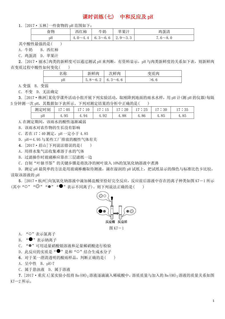 （山西专版）2018年中考化学复习方案 课时训练（七）中和反应及pH_第1页