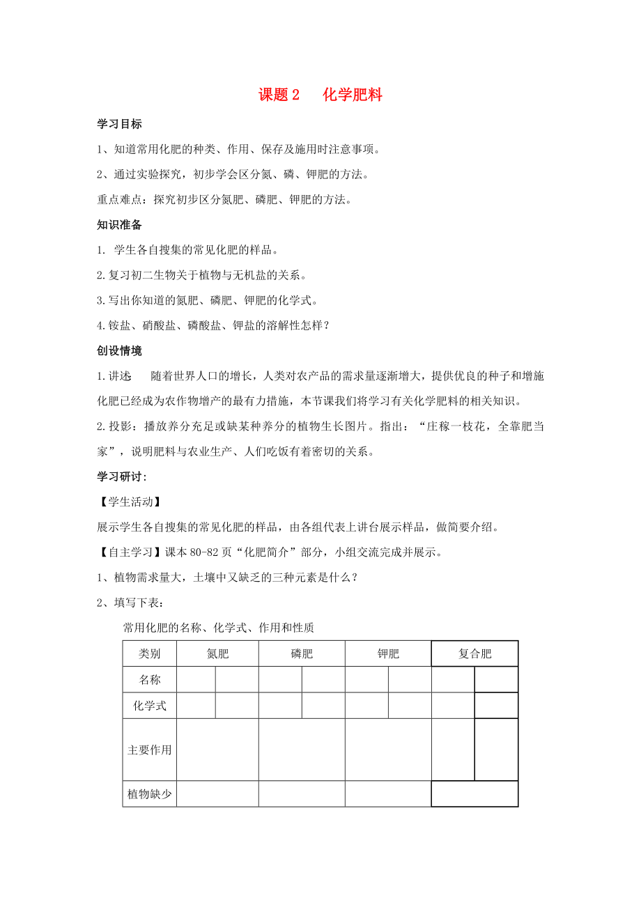 2020春九年級化學下冊 第十一單元 鹽 化肥 課題2 化學肥料學案（無答案）（新版）新人教版_第1頁