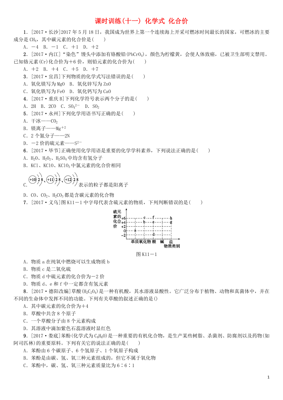 （山西专版）2018年中考化学复习方案 课时训练（十一）化学式 化合价_第1页