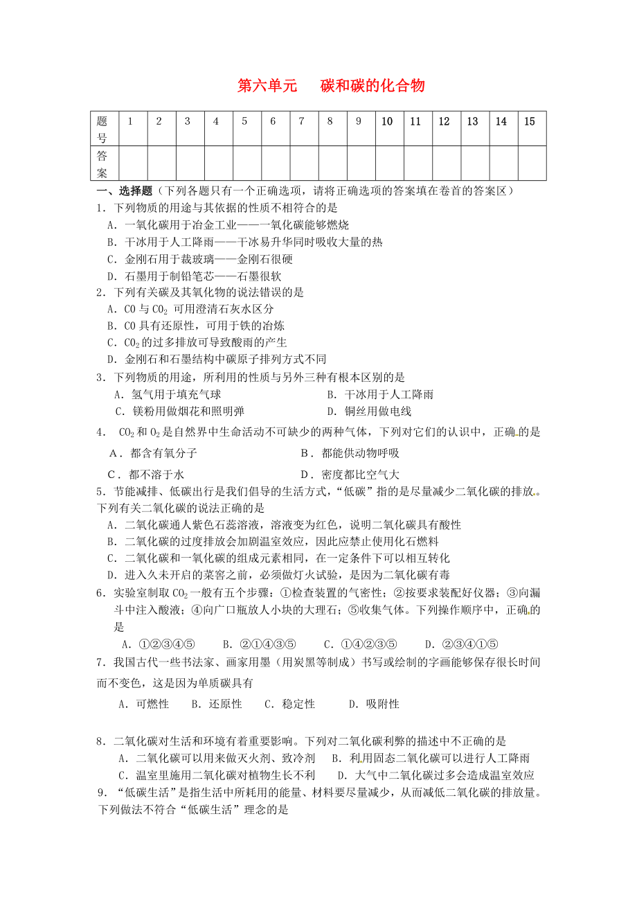 山東省郯城縣郯城街道初級中學九年級化學上冊 第六單元 碳和碳的化合物自測題（無答案） 新人教版（通用）_第1頁