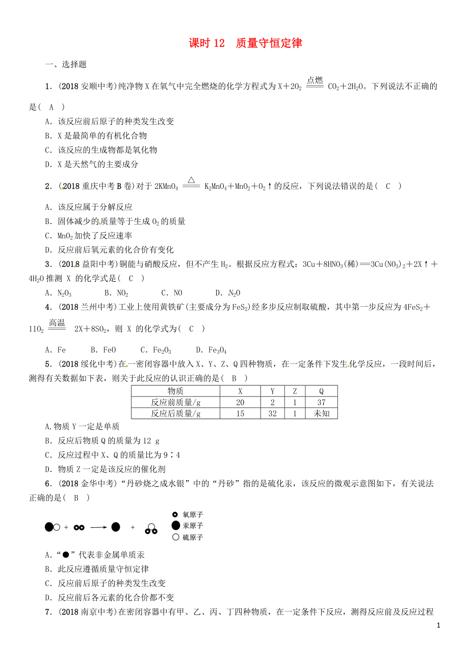 （贵阳专版）2019年中考化学总复习 第1编 主题复习 模块3 物质的化学变化 课时12 质量守恒定律（精练）习题_第1页