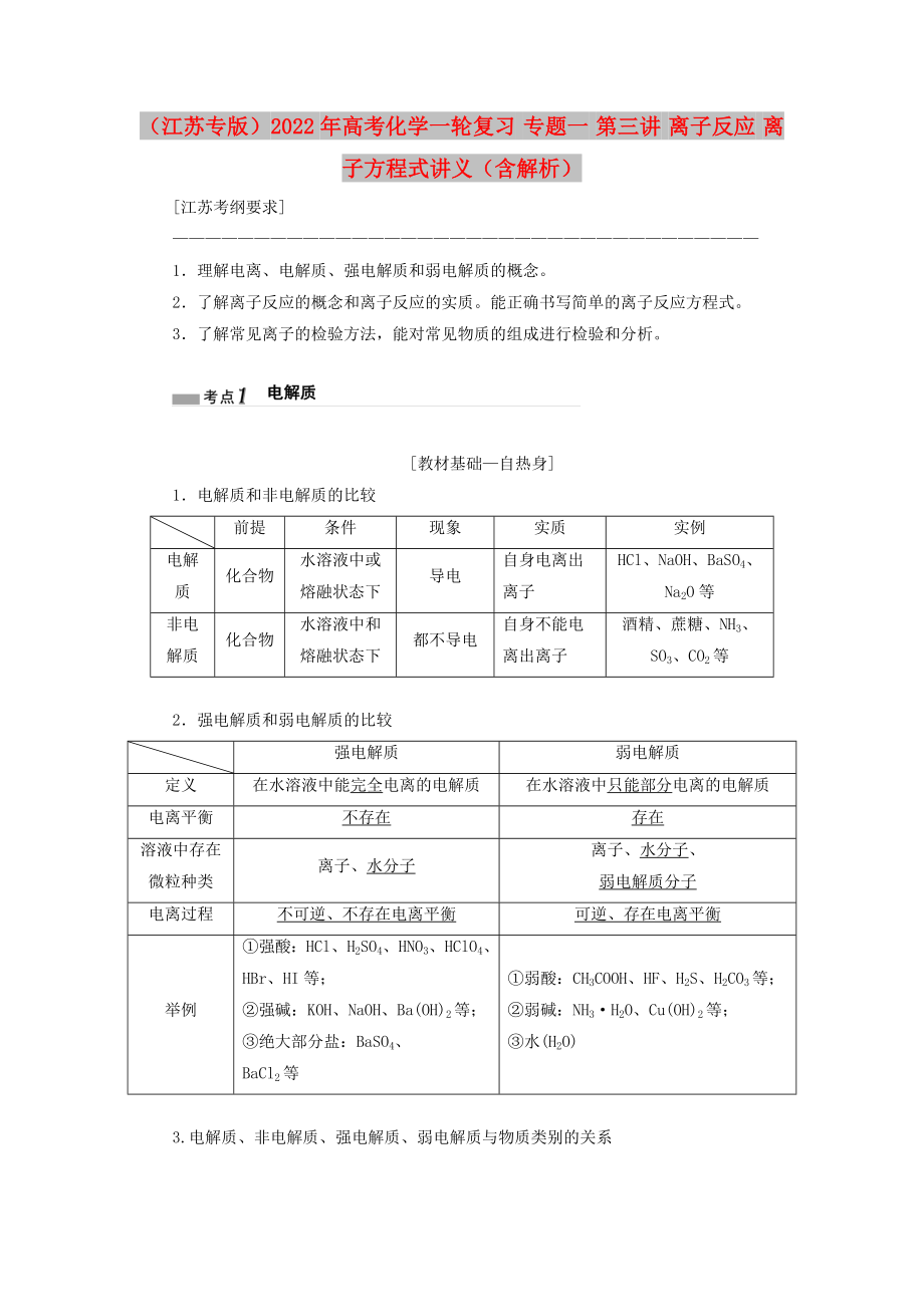 （江蘇專版）2022年高考化學一輪復習 專題一 第三講 離子反應 離子方程式講義（含解析）_第1頁