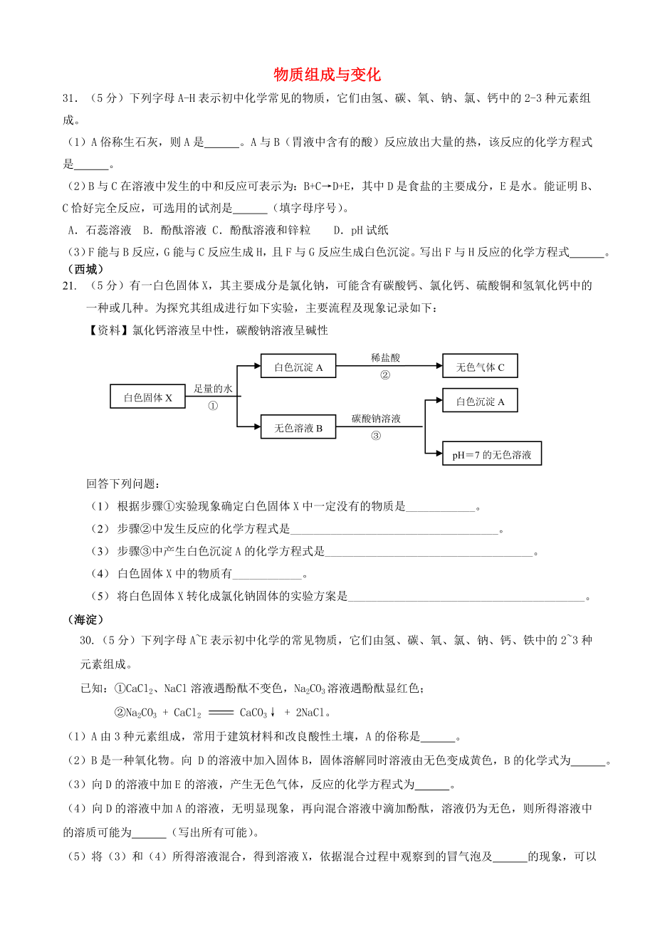 北京市2020年中考化學(xué)一模匯編 物質(zhì)組成與變化（無(wú)答案）_第1頁(yè)