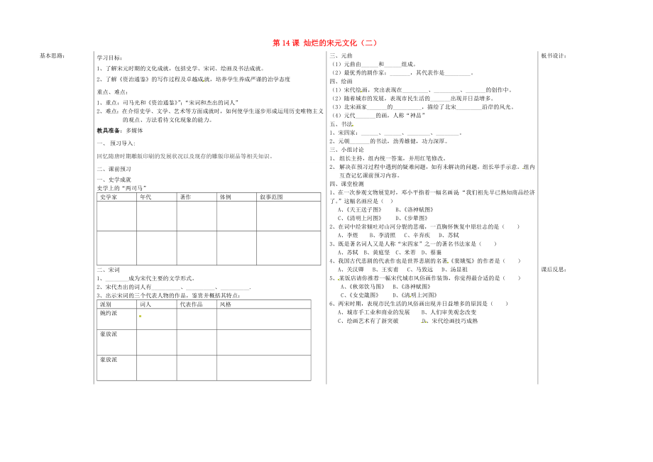 山東省夏津?qū)嶒炛袑W(xué)七年級歷史下冊 第14課 燦爛的宋元文化（二）教學(xué)案（無答案） 新人教版_第1頁