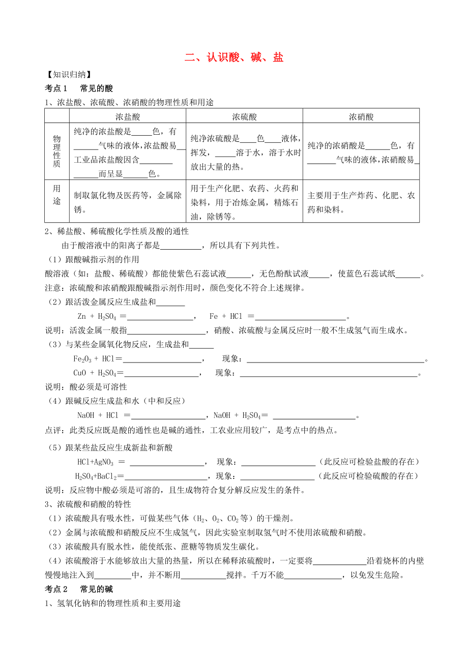 中考化学复习专题二认识酸、碱、盐教学案（无答案）_第1页