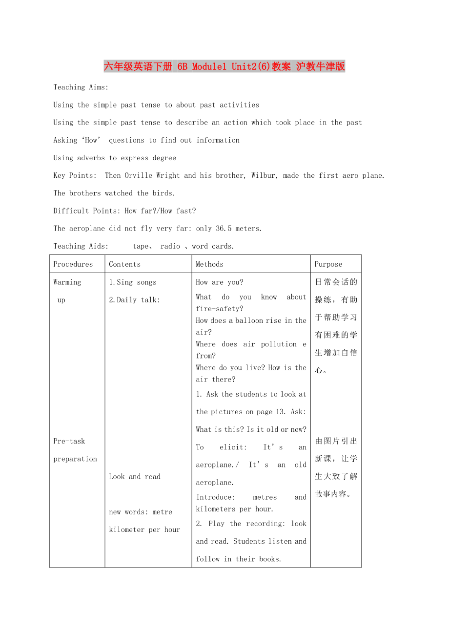 六年級(jí)英語(yǔ)下冊(cè) 6B Module1 Unit2(6)教案 滬教牛津版_第1頁(yè)