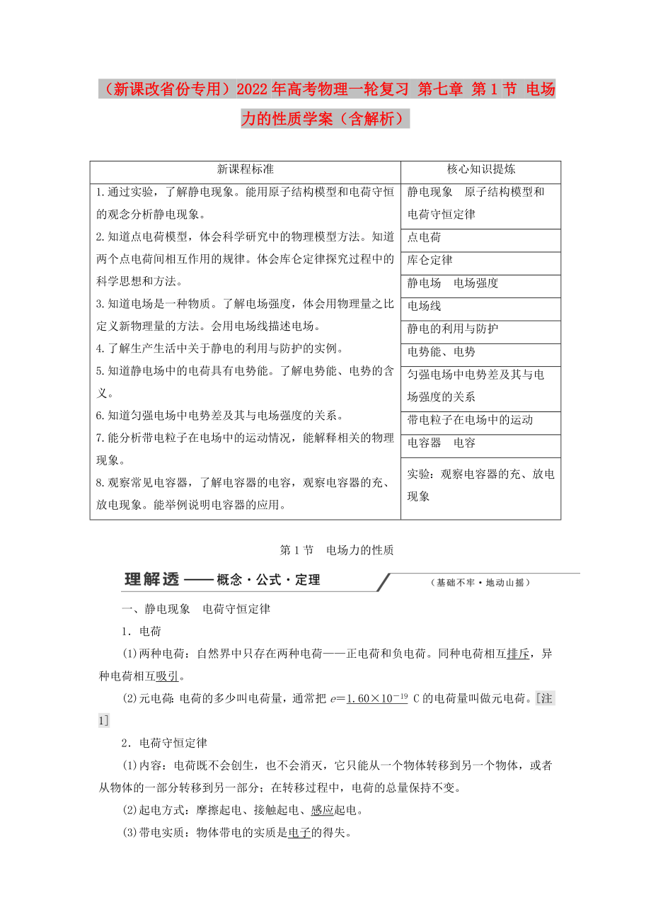 （新課改省份專用）2022年高考物理一輪復(fù)習(xí) 第七章 第1節(jié) 電場力的性質(zhì)學(xué)案（含解析）_第1頁