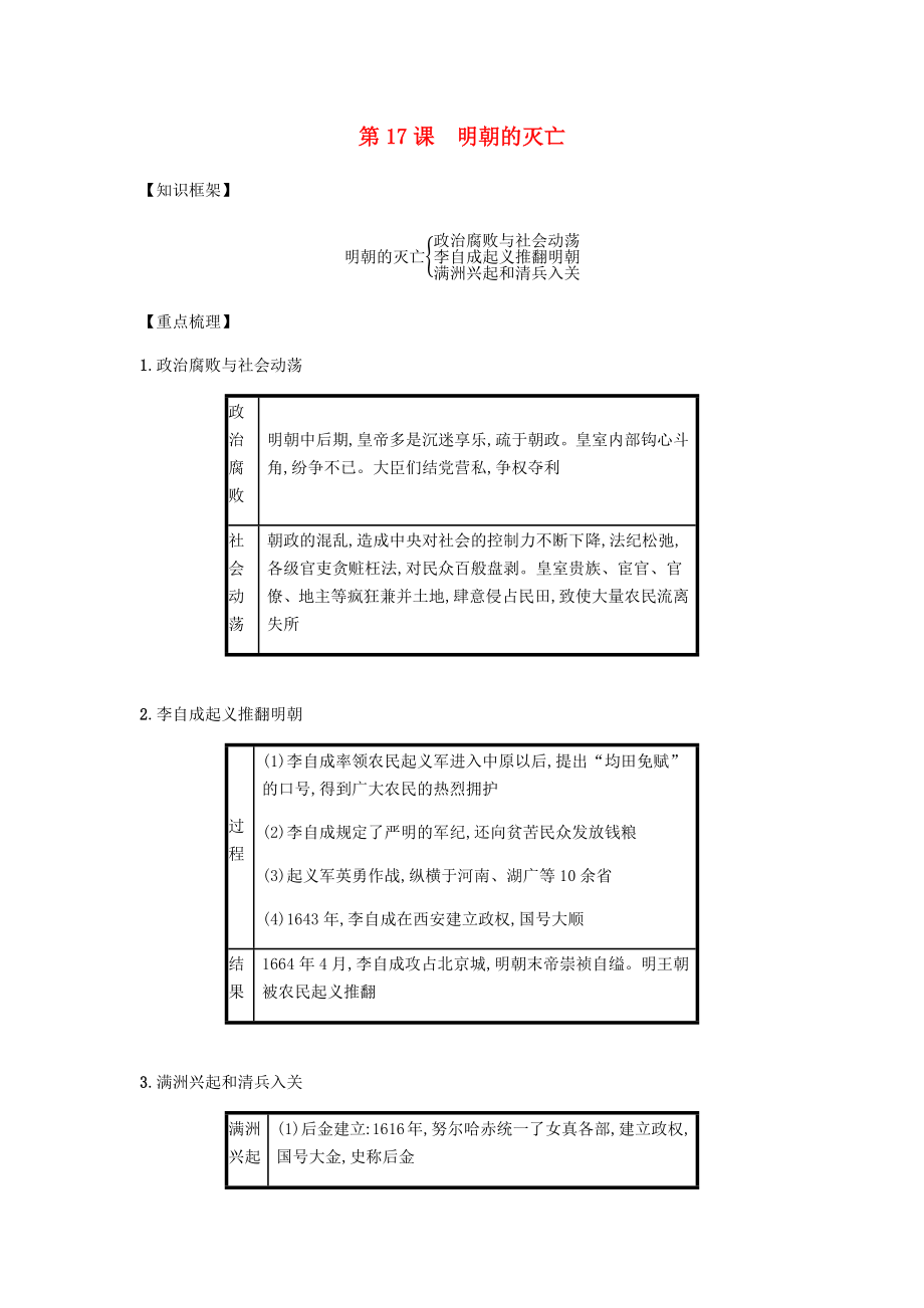 2020春七年級歷史下冊 第三單元 明清時期統(tǒng)一多民族國家的鞏固與發(fā)展 第17課 明朝的滅亡備考速記 新人教版_第1頁