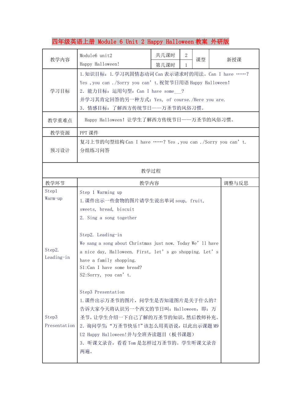 四年级英语上册 Module 6 Unit 2 Happy Halloween教案 外研版_第1页