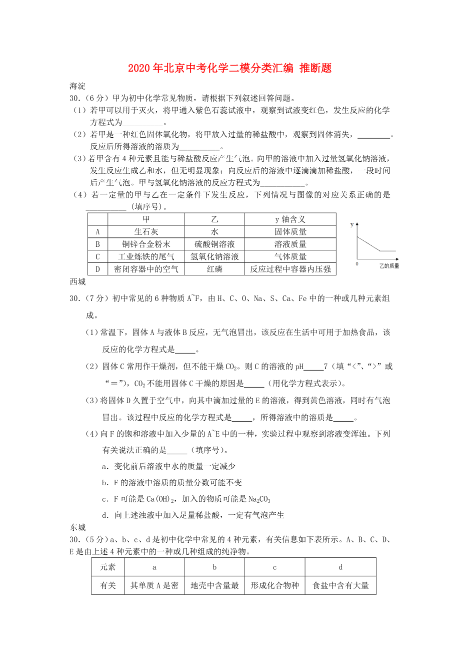 2020年北京中考化學(xué)二模分類匯編 推斷題（無答案）_第1頁