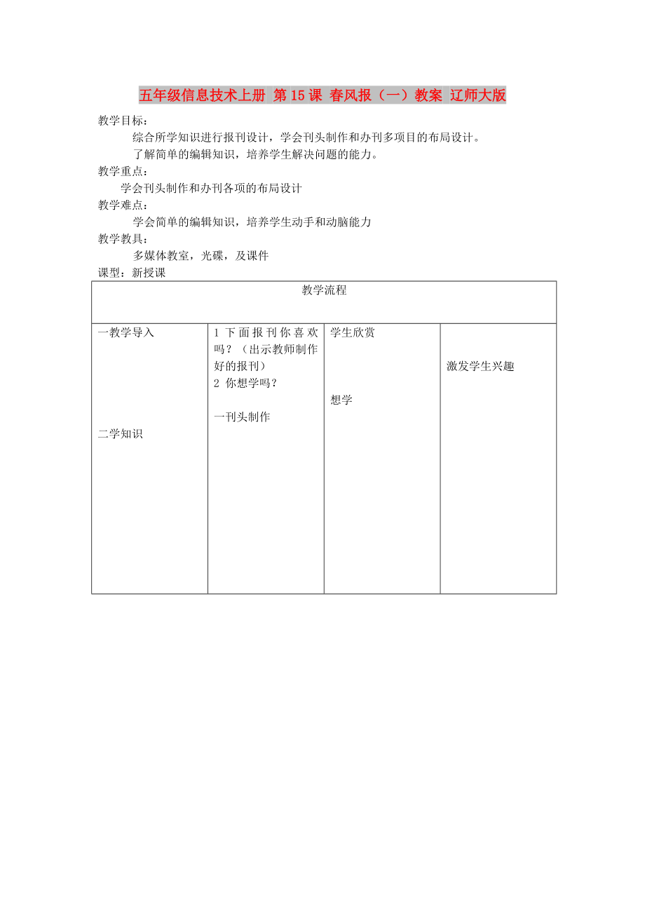 五年級信息技術(shù)上冊 第15課 春風報（一）教案 遼師大版_第1頁