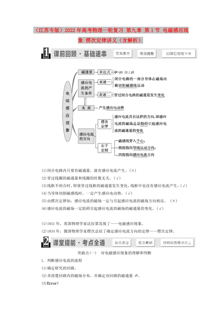 （江蘇專版）2022年高考物理一輪復習 第九章 第1節(jié) 電磁感應現(xiàn)象 楞次定律講義（含解析）_第1頁