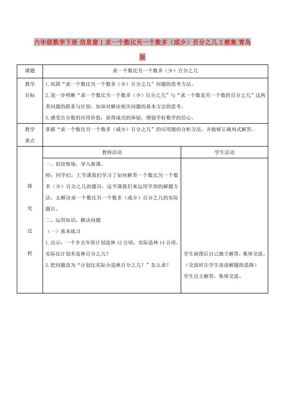 六年級數(shù)學(xué)下冊 信息窗1 求一個數(shù)比另一個數(shù)多（或少）百分之幾 2教案 青島版_第1頁