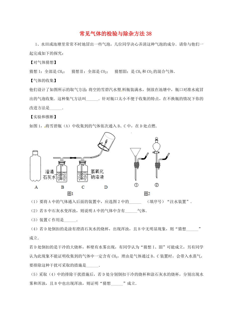 吉林省吉林市中考化学复习练习 常见气体的检验与除杂方法38（无答案） 新人教版（通用）_第1页