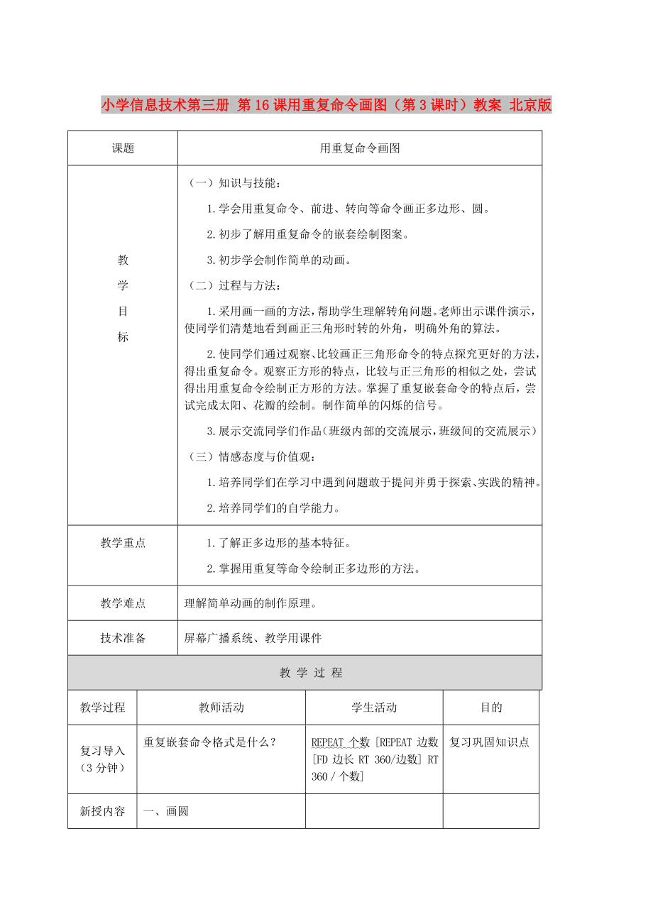 小學(xué)信息技術(shù)第三冊(cè) 第16課用重復(fù)命令畫(huà)圖（第3課時(shí)）教案 北京版_第1頁(yè)