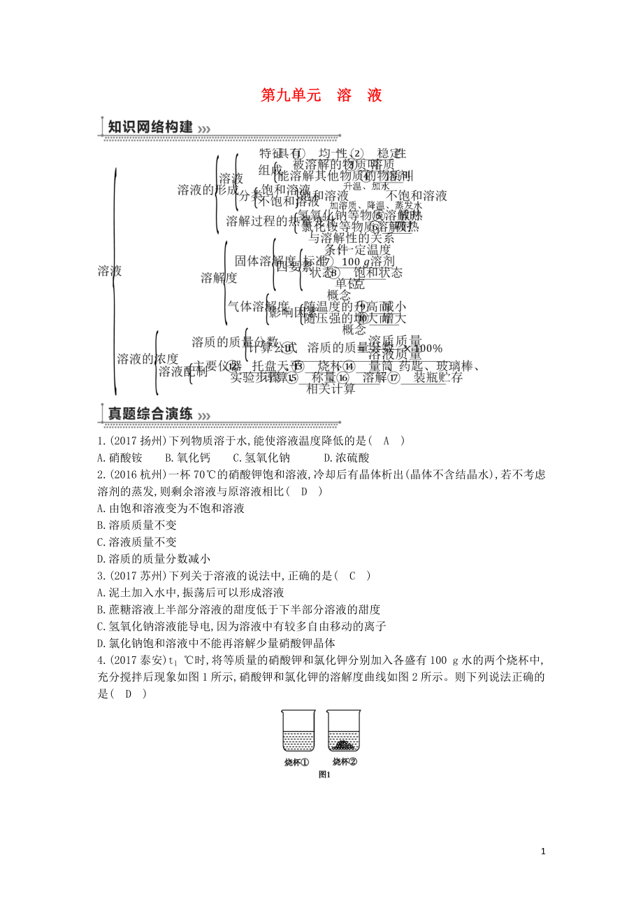 2018届九年级化学下册 第九单元 溶液练习 （新版）新人教版_第1页