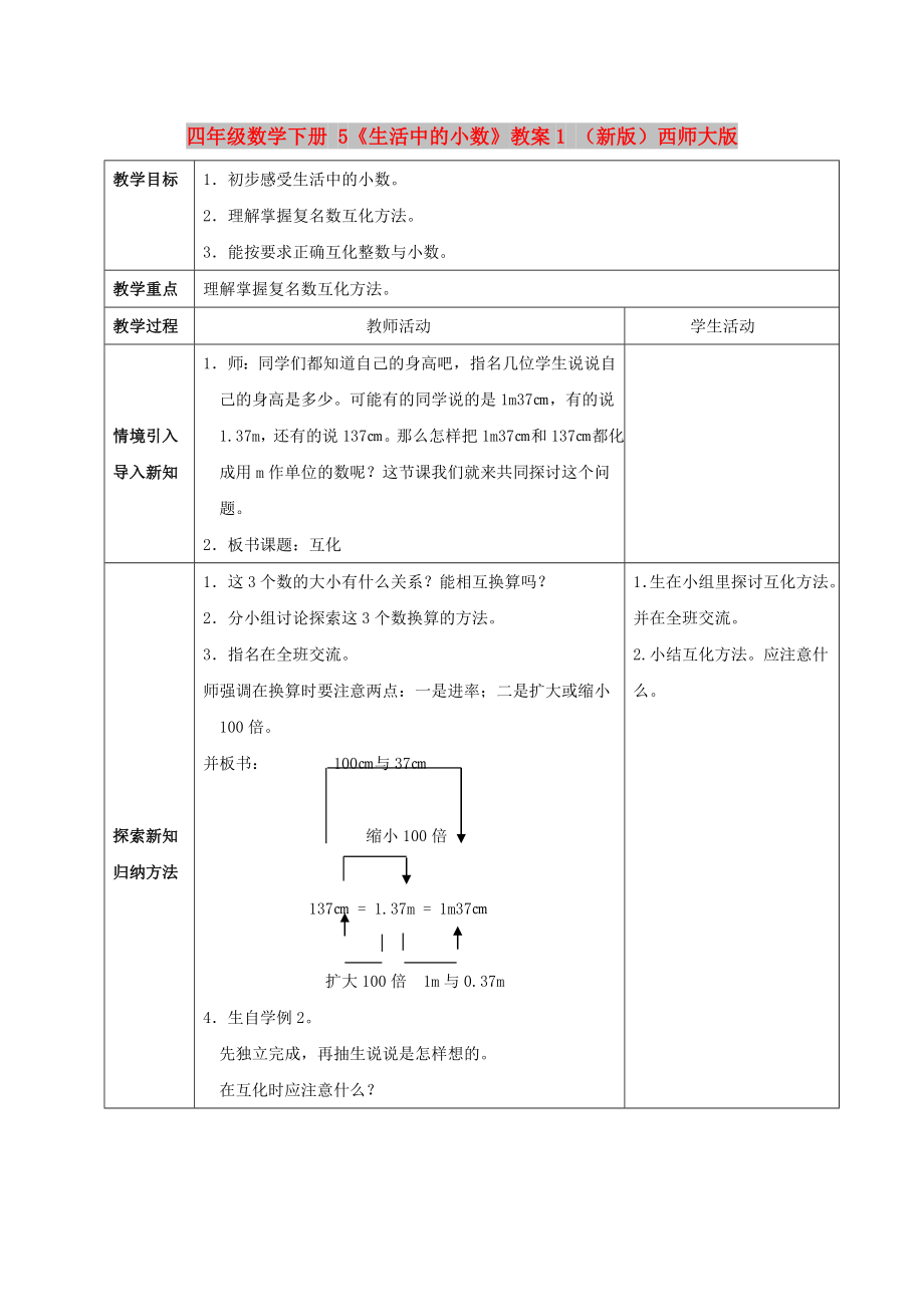 四年級(jí)數(shù)學(xué)下冊(cè) 5《生活中的小數(shù)》教案1 （新版）西師大版_第1頁(yè)