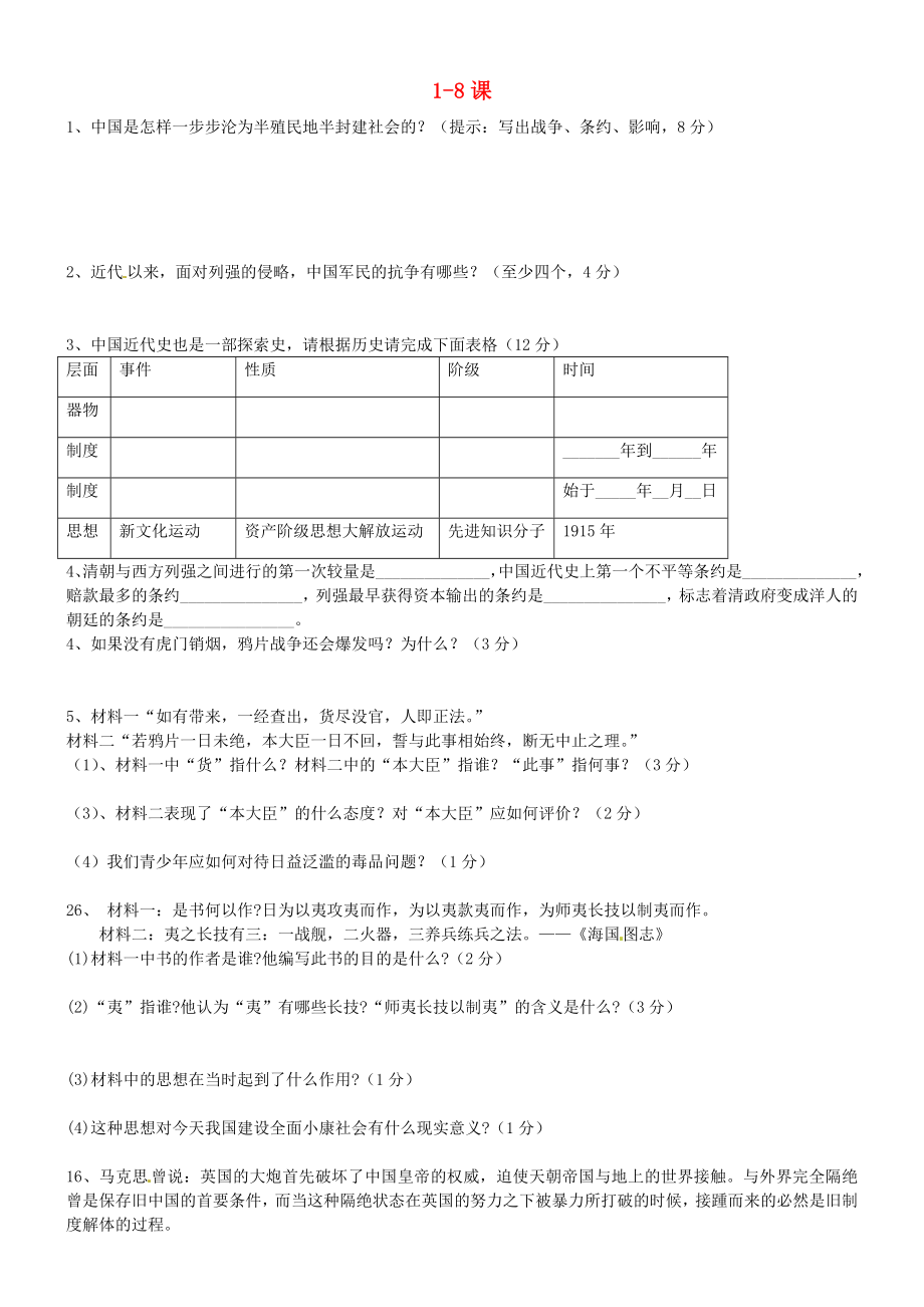 山東省鄒城市第八中學(xué)八年級歷史上冊 第1-8課 綜合測試題（無答案） 新人教版_第1頁