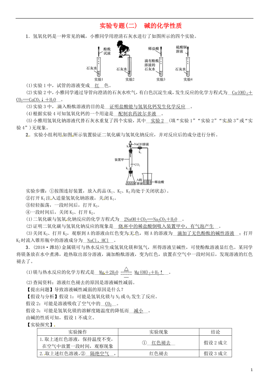 河北省2018年秋九年級化學(xué)下冊 第十單元 酸和堿 實驗專題（二）堿的化學(xué)性質(zhì)習(xí)題 （新版）新人教版_第1頁