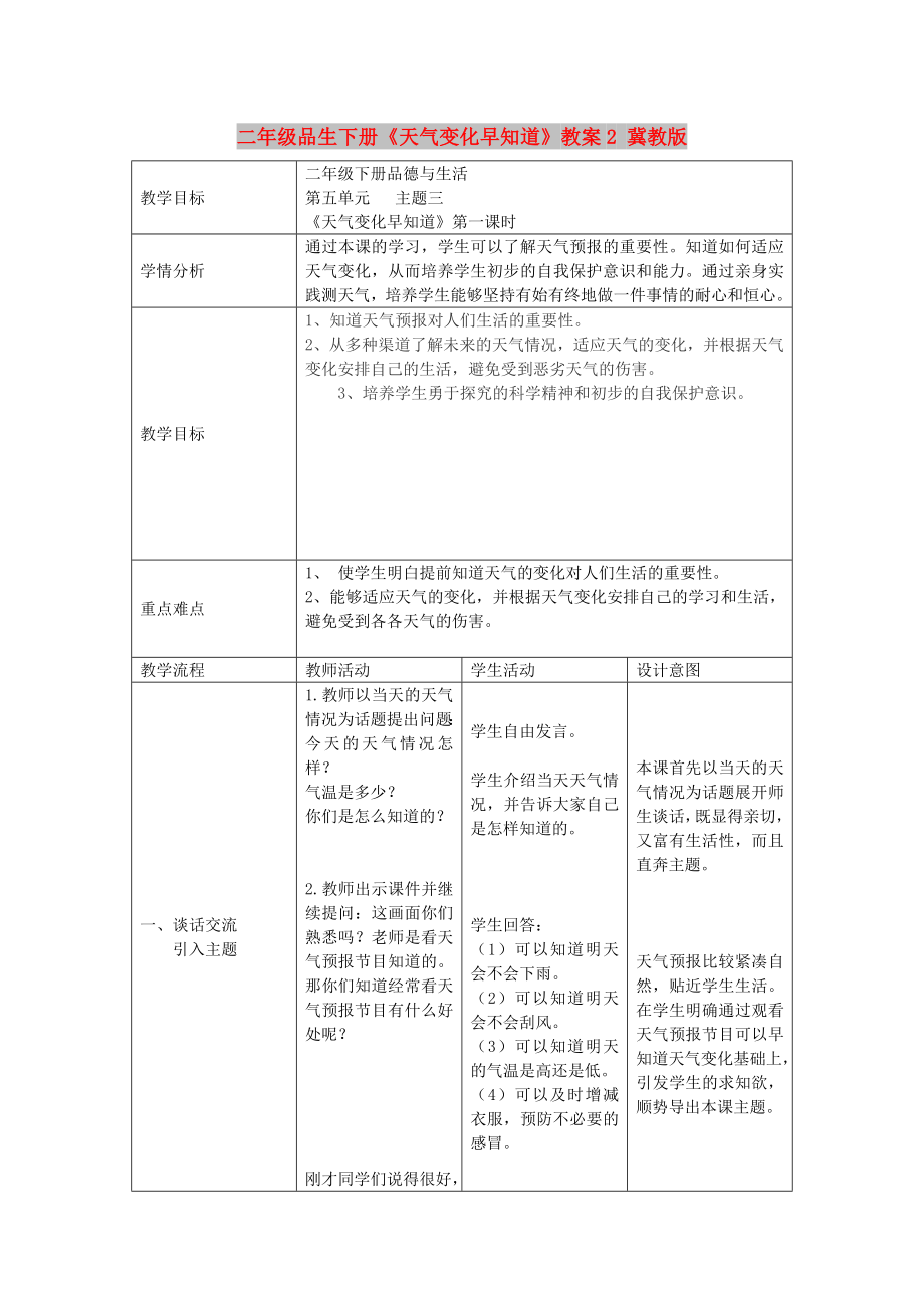 二年級品生下冊《天氣變化早知道》教案2 冀教版_第1頁